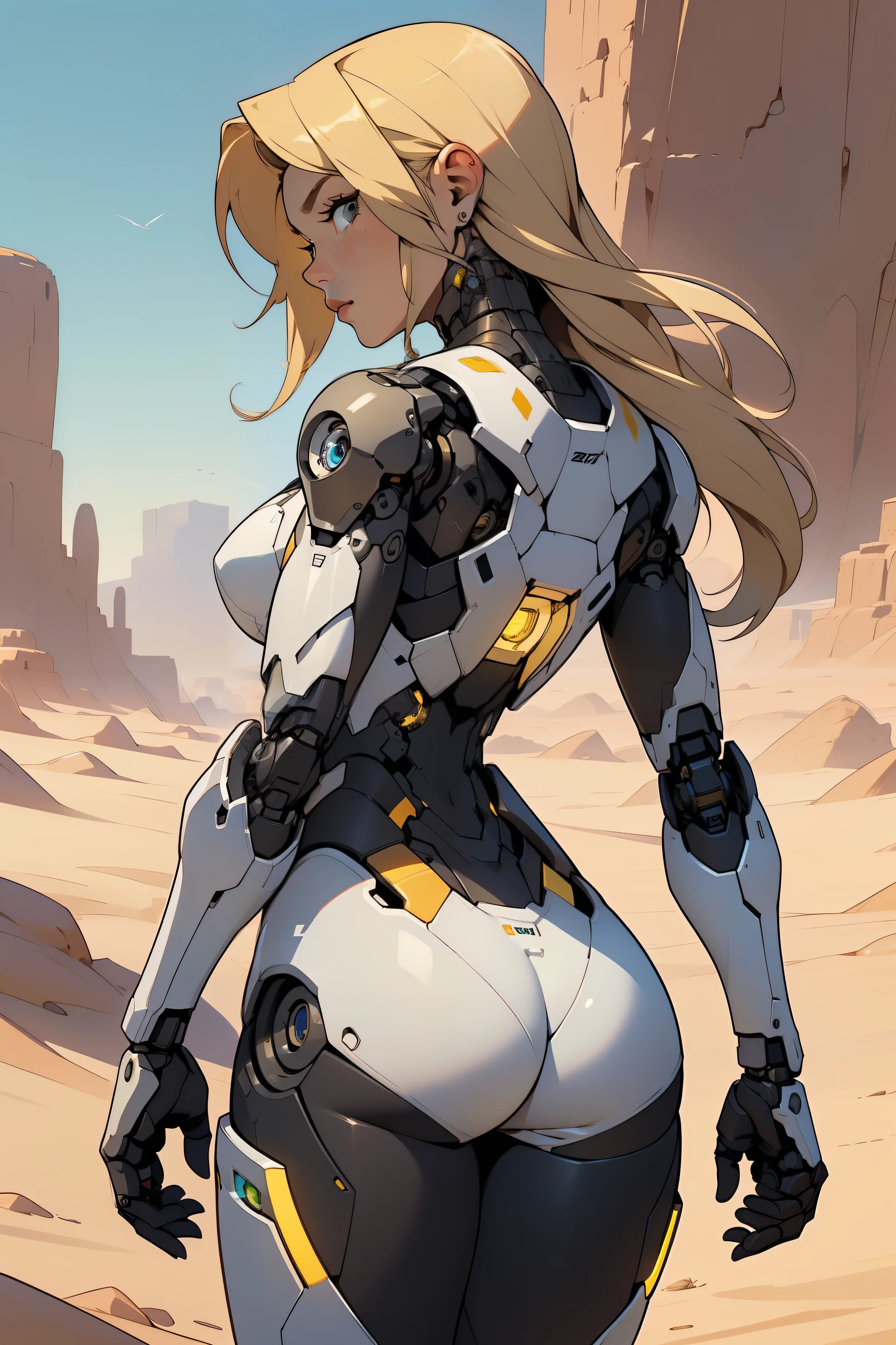 high quality, 4k, masterpiece, beautiful, cyborg girl, cowboy shot, dull eyes, back side, turning around to look at viewer, long blonde hair, girl, small breasts, fit thigh, robotic arms, robotic body, cyborg body, yellow accent, redaccent, intricate detail, joint, detailed lines, robotic detail, holding fist up, holding hand up as fist, color robotic parts, robotic parts with color, perfect fingers, on a desert planet, sunny background, colorful desert,