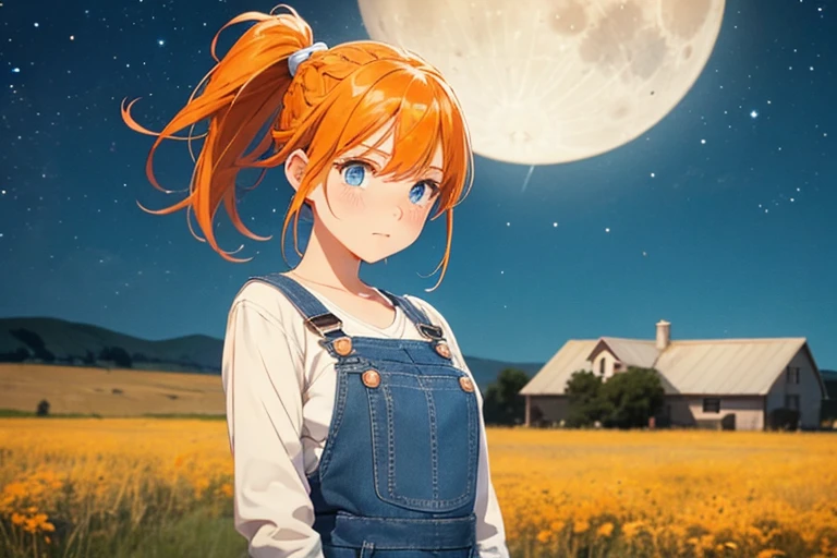 Tomboy girl, blue eyes, orange hair, small breasts, blue overalls, white undershirt, long braided ponytail, large white bow at base of ponytail, no bangs, bangs pulled back, freckles, large white bow in hair, inspired by Ann from Harvest Moon, gorgeous, too pretty, looking at large yellow moon in the starry night sky, farmhouse in the background