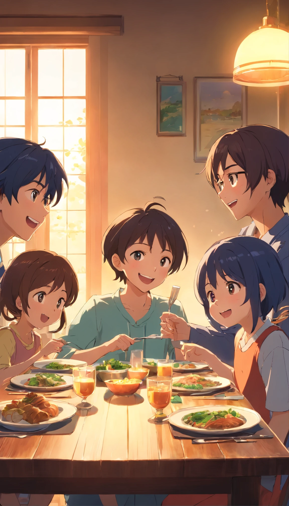 Family and children talking and laughing at the dinner table