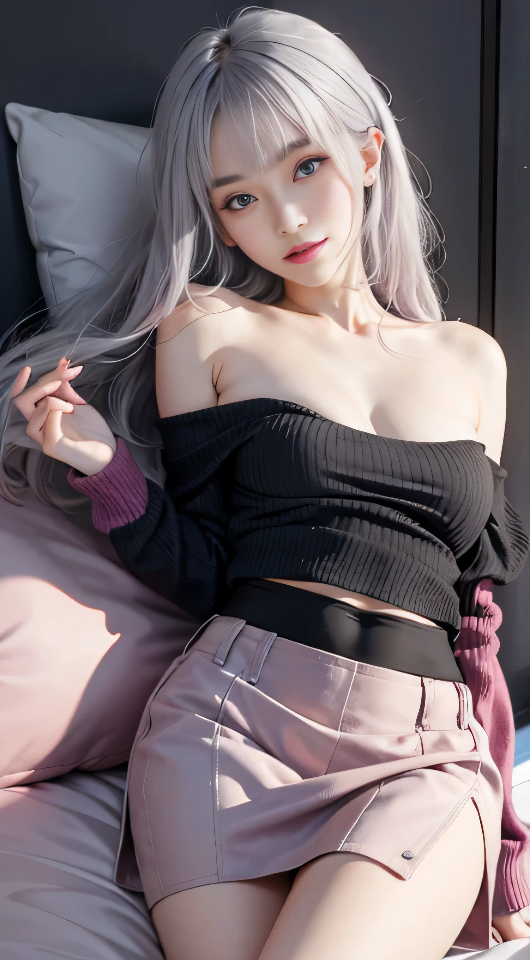 （Woman lying on bed）1 girl, Silver hair, striated hair, Bangs, Blunt bangs, Long hair, Pink hair, aqua eyes, ((Eyes closed)）, makeup, Smile, Parted lips, Realism, Verism, surrealism, depth of fields, One-person viewpoint, F/1.8, 135 mm, canon, nffsw, retinas, masutepiece, ccurate, Anatomically correct, Textured skin, Super Detail, high details, High quality, Best Quality, hight resolution, 1080p, hard disk, 4K, 8K、（Coarse short sweater）Floats off the shoulders、off shoulders、Black tight skirt、（yawning）((The skirt is pulled up to the chest.)）