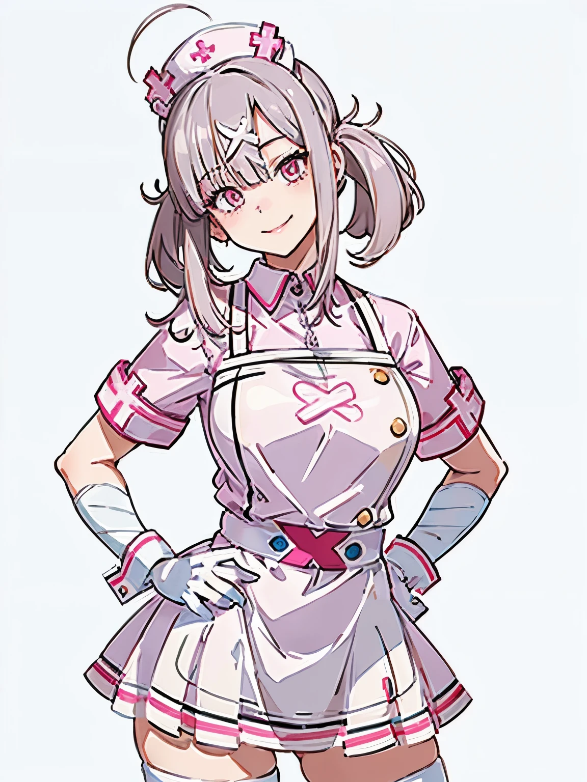 ((masterpiece, best quality, ultra detailed)), flat color, upper body, short smile, head tilt, put one hand on hips, nurse costume, white gloves, white knee socks, solid pink background