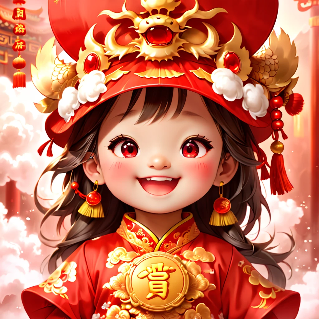 (closeup of face: 1.8), 3D character rendering,(Vector illustration style),((1 girl,The image of the laughing God of Wealth baby can be designed as a child wearing a gorgeous Chinese red costume,Gold cloud and dragon patterns can be embroidered on clothes,Shows the meaning of wealth and prosperity)),((lack of expressivenesaby God of Wealth has a kind and confident expression,The eyes are full of wisdom,laughing heartily,It gives a sense of reassurance)),((The God of Wealth’s hair can be designed into a red official hat,A ruby can be set in the hat,Demonstrate authority and dignity)), ((Chinese element background,Auspicious cloud background)), (Perspectives, first person perspective, Ghibli-style colors, with light glowing, 电影灯光, hyper HD, tmasterpiece, Acura, Anatomically correct, ctextured skin, super detailing, high detal, high high quality, Award-Awarded, Best quality, 16k), Pop Mart blind box, 3 Rendering,