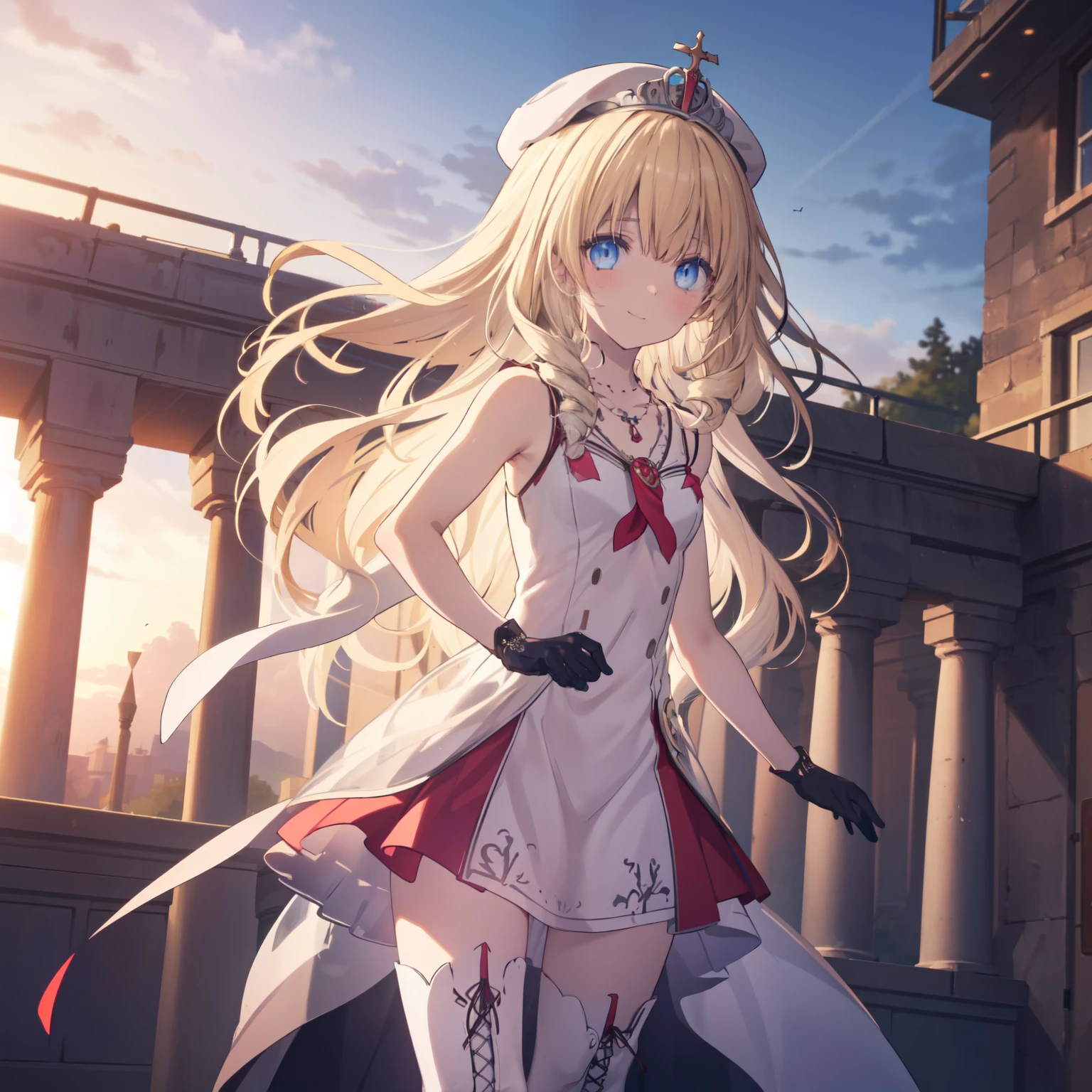 (1girl, solo), latifa fleuranza, blonde hair, drill hair, (blue eyes:1.5), long hair, very long hair, (small breast:1.2), (tiara, dress, gloves, hat, red gloves, sleeveless, sleeveless dress, thigh boots, dress, gloves, hat, red gloves, sleeveless, sleeveless dress, thigh boots, thighhighs, necklace,) looking at viewer, smile, blush, from behind, day, outdoors, sky, cloud, (masterpiece:1.2), best quality, high resolution, unity 8k wallpaper, (illustration:1.5), anime style, (beautiful detailed eyes:1.6), extremely detailed face, perfect lighting, extremely detailed CG, (perfect hands, perfect anatomy), (dynamic pose, dynamic angle:1.1),