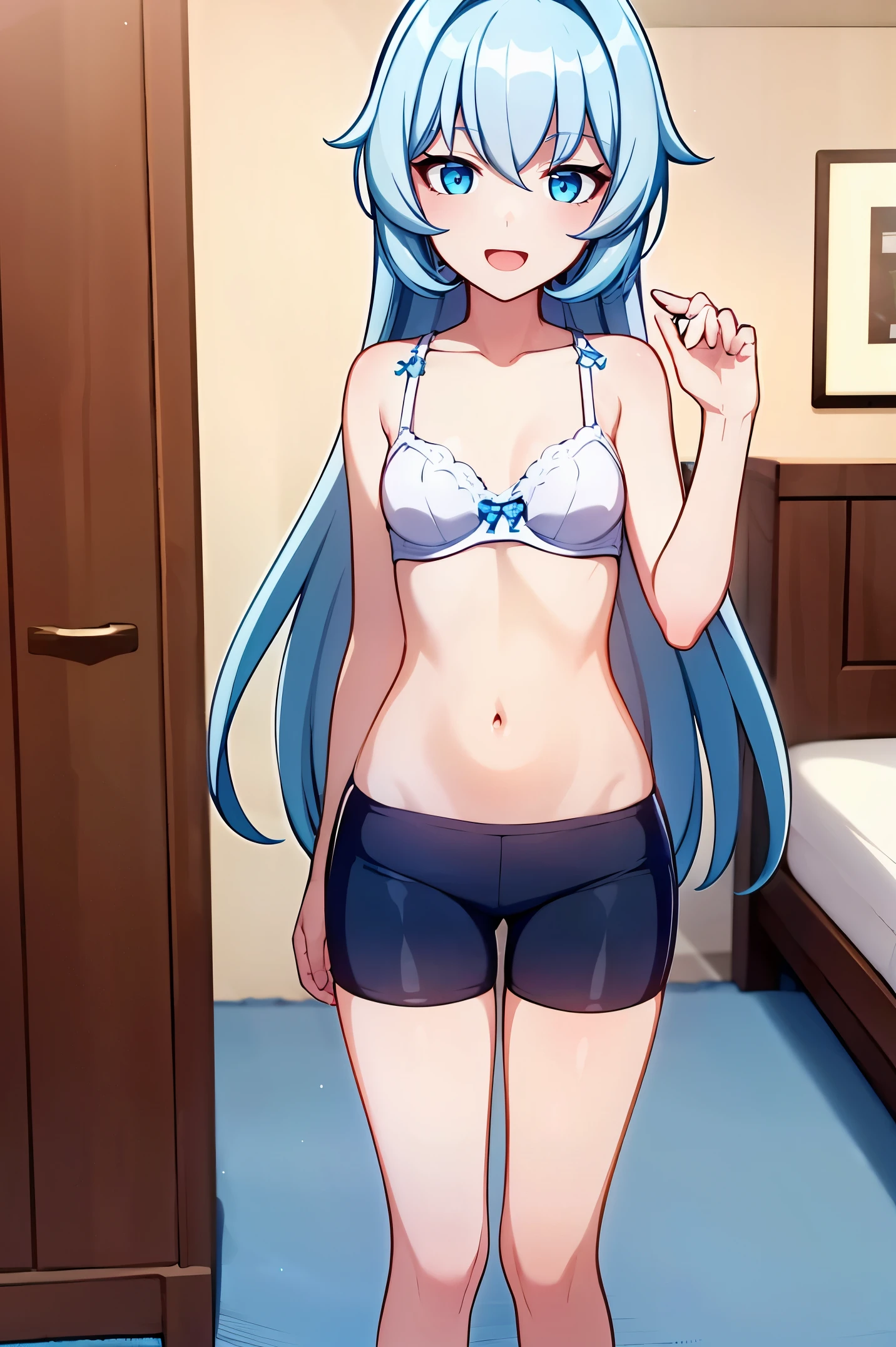1 girl, best quality, ultra high res, long hair, blue hair, blue eyes, shigure kira, looking at viewers, small breast, standing, pov, slim body, body, small body, short body, smile, open mouth, bra, white bra, bike shorts, bedroom, white bed sheets,