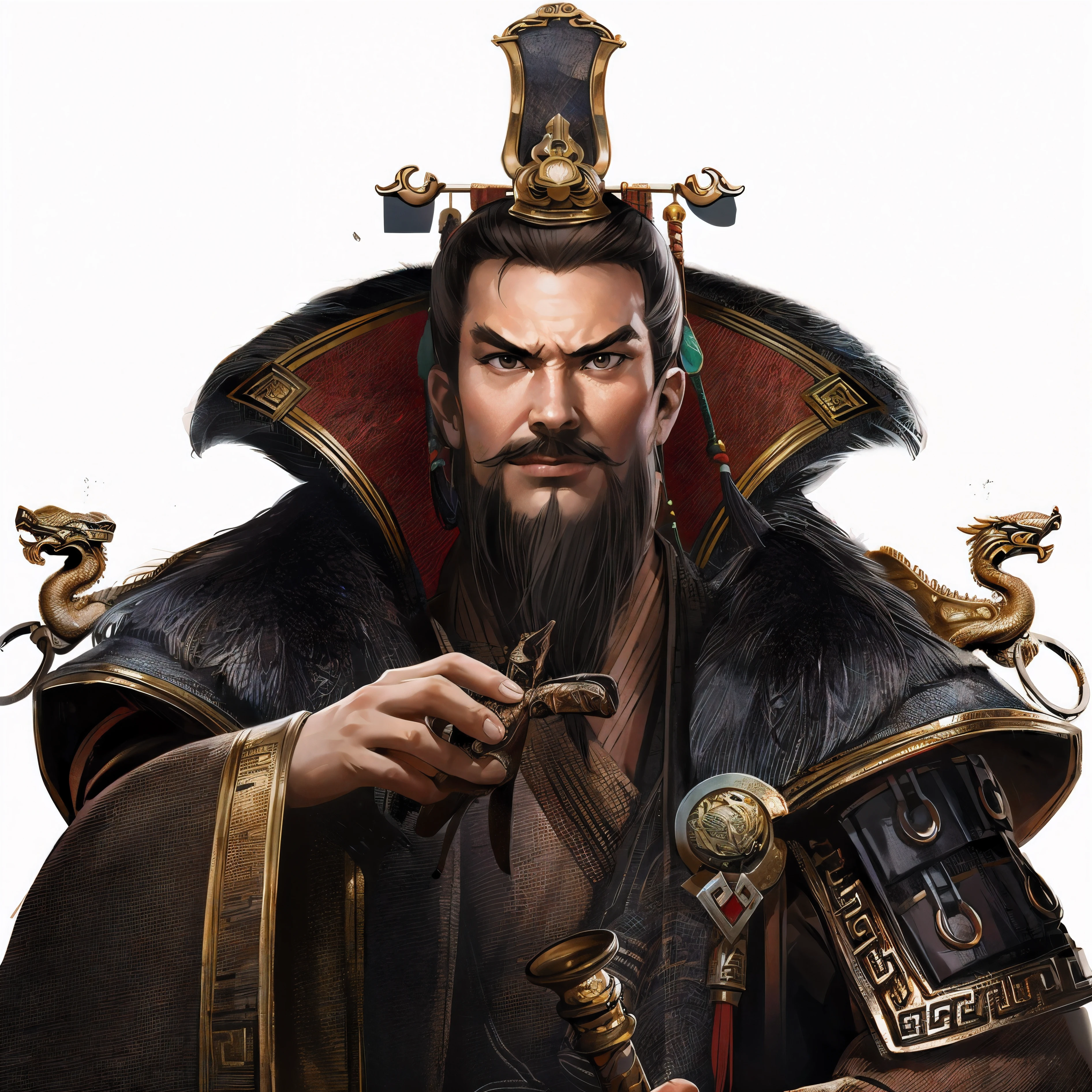 1 male human,Three Kingdoms Killing Style:1.2,Emperors of ancient China,A detailed face,Clear face,Full body like,Shogun,armour,card background、RHAD,High Picture Quality,tmasterpiece,Best quality at best,超高分辨率