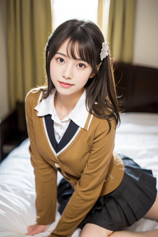 (((​masterpiece))),  (One beautiful Japan girl, classmates, Innocence，kawaii) ，超A high resolution, Realistic, ultra-detailliert, 8K,top-quality, Extremely detailed, Detailed background,A slender,very beautiful japanese girl, Detailed face:1.3), (Cute hairstyle，A dark-haired :1.4), (a baby face，kawaii系,adorable 14 year old girl), (Perfect body:1.1),  (Brown blazer, Light brown pleated mini skirt), waiting to be kissed，Eyes closed，Super Detailed Face、Detailed lips、A detailed eye、small gravure idol，Transparent skin、Lori，Japanese high school uniform with the school emblem on the chest，high-definition RAW color photography, professional photograpy, Extremely detailed,, amazing, finely detail, Huge file size, extremely detailed fingers, highly detailed nose, highly detail mouth,  (bed), ((Full body shot)), (lie down on the bed),Perfect Anatomy, Photorealsitic, 8k full-length portraits, Photography, Perfect Skin, Warm air，Expectations and anxieties，take off jacket and shirt, Show your chest and show your shoulders.beautiful thigh，Gorgeous hotel rooms，Dark room，spot light,You can see a small light stand