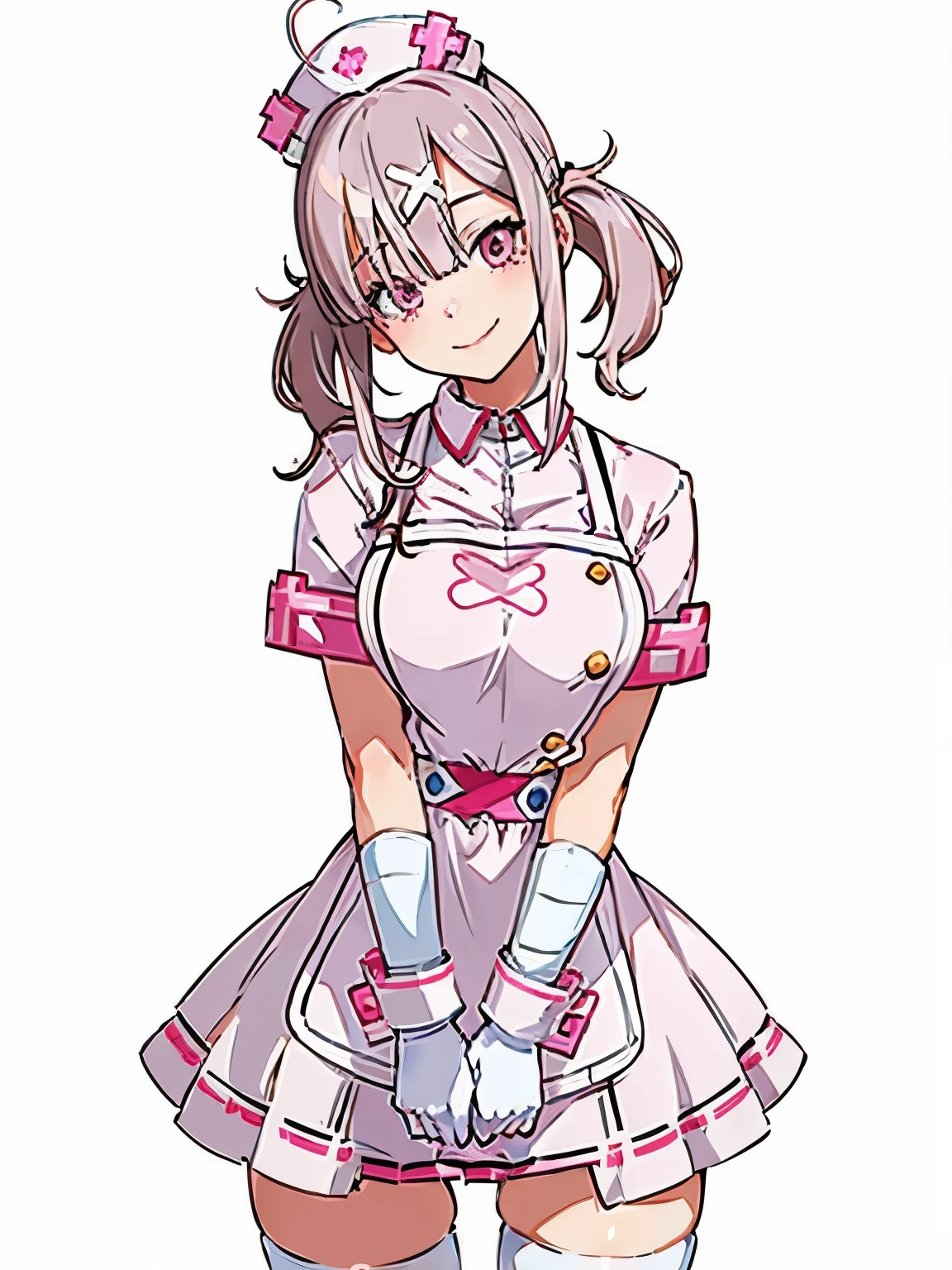 ((masterpiece, best quality, ultra detailed)), flat color, upper body, short smile, head tilt, standing, hands between legs, nurse costume, white gloves, white knee socks, solid pink background