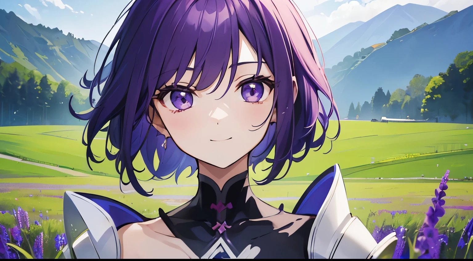 (tmasterpiece,4k wallpaper,best qualtiy))、((girl with1a person))、(独奏)、Brilliant,(Purple hair)、short-cut、a smile、s Armor、grass field、close up of face、Show shoulders
