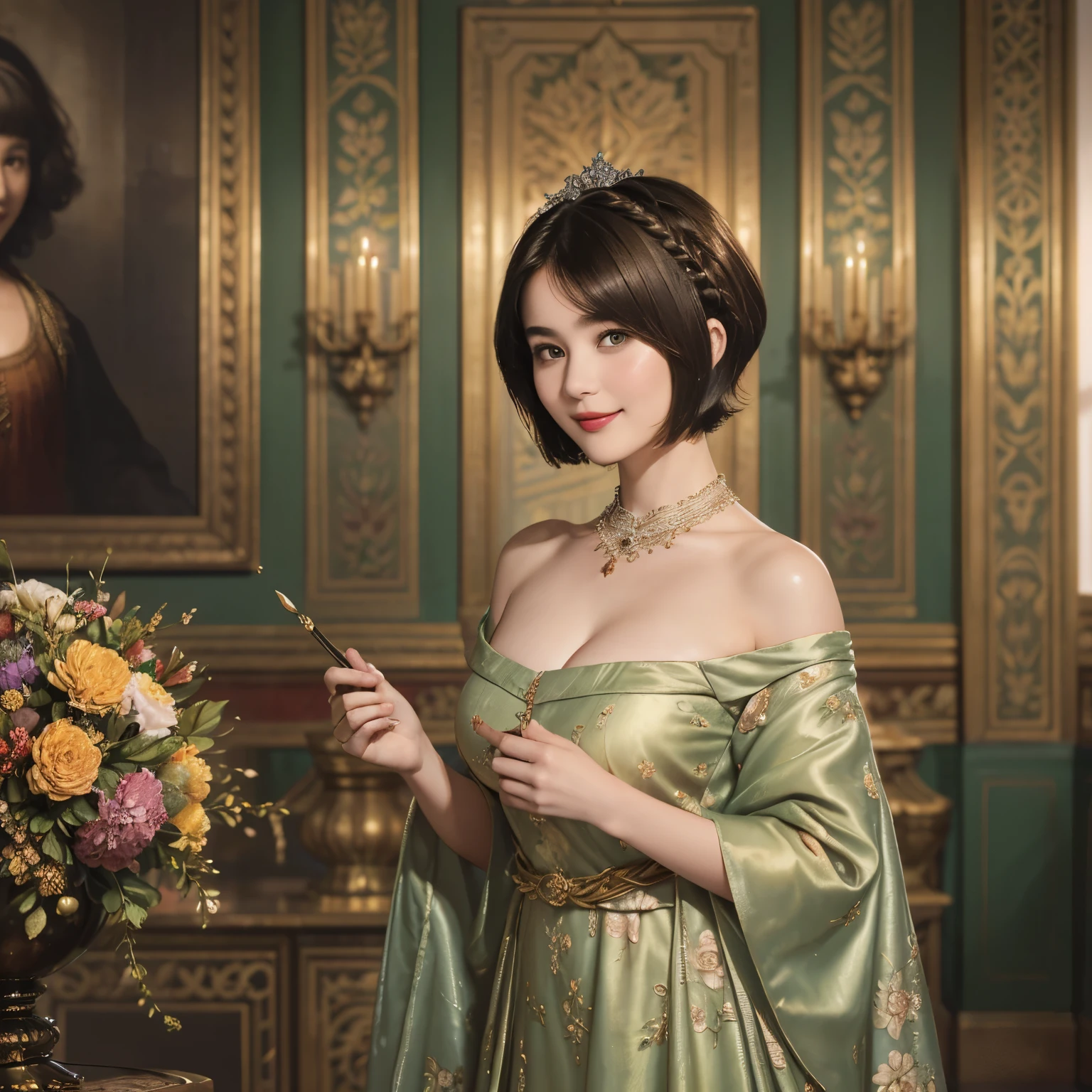 141
(a 20 yo woman,in the palace), (A hyper-realistic), (high-level image quality), ((beautiful hairstyle 46)), ((short-hair:1.46)), (kindly smile), (breasted:1.1), (lipsticks), (is wearing dress), (murky,wide,Luxurious room), (florals), (an oil painting、Rembrandt)