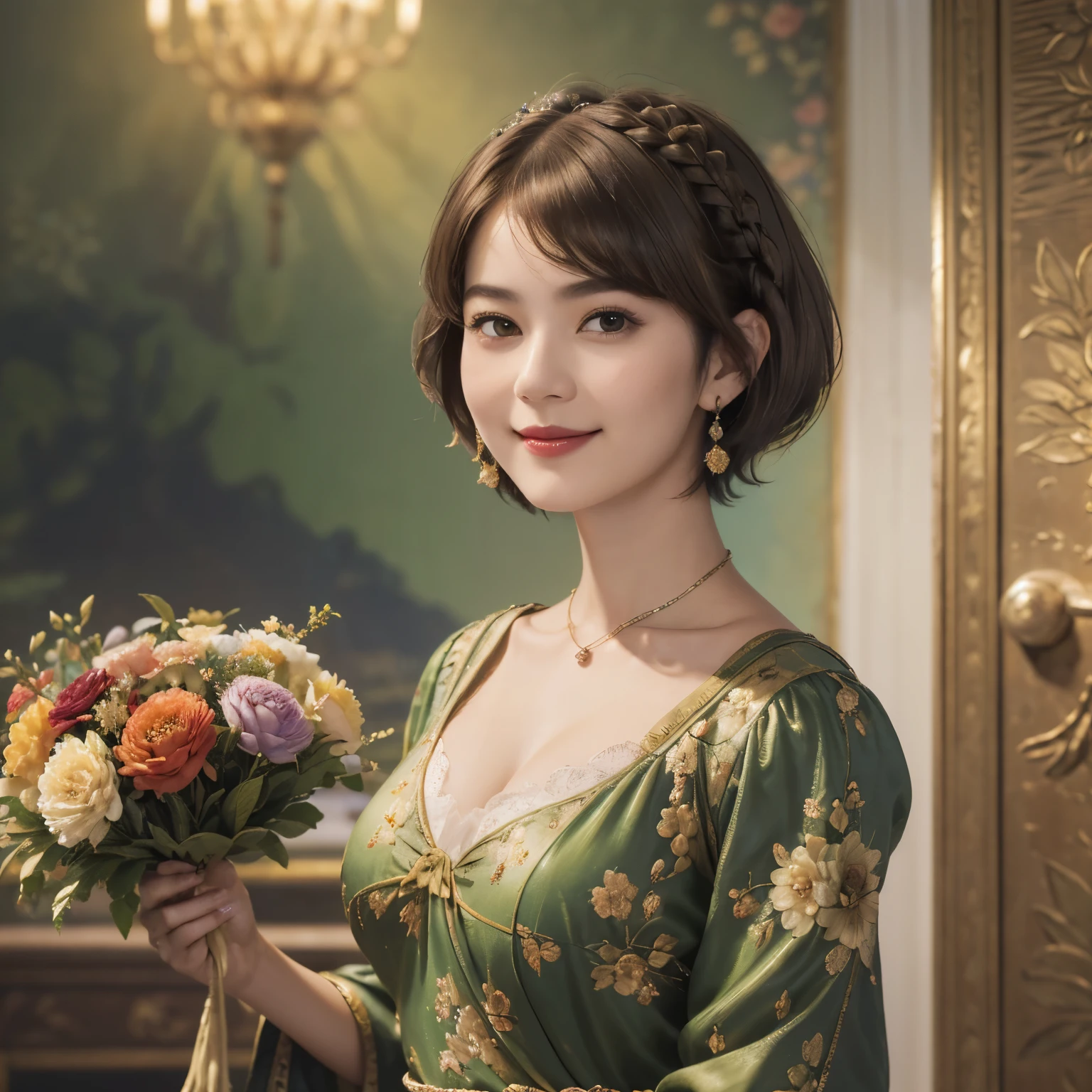 141
(a 20 yo woman,in the palace), (A hyper-realistic), (high-level image quality), ((beautiful hairstyle 46)), ((short-hair:1.46)), (kindly smile), (breasted:1.1), (lipsticks), (is wearing dress), (murky,wide,Luxurious room), (florals), (an oil painting、Rembrandt)
