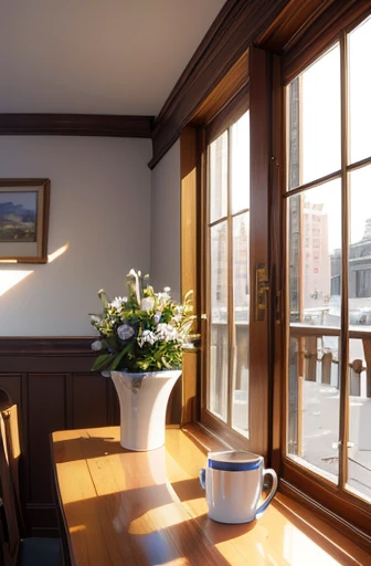 ((Best quality at best)), ((tmasterpiece)), (detailed), Indoor in winter,Beside the windowsill,warm sunlight,coffee mug,Cupcakes