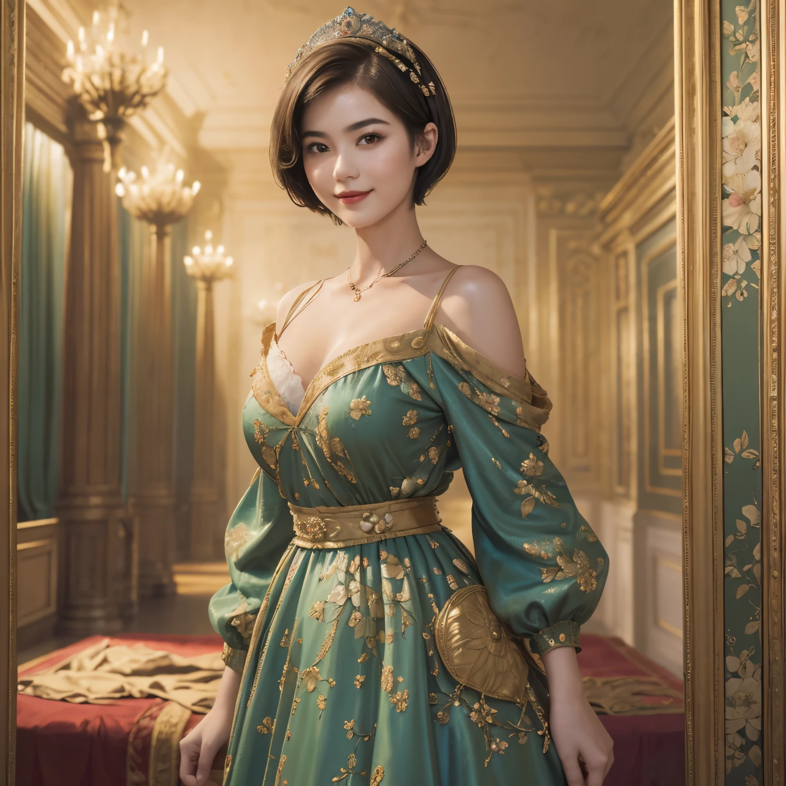 141
(a 20 yo woman,in the palace), (A hyper-realistic), (high-level image quality), ((beautiful hairstyle 46)), ((short-hair:1.46)), (kindly smile), (breasted:1.1), (lipsticks), (is wearing dress), (murky,wide,Luxurious room), (florals), (an oil painting、Rembrandt)