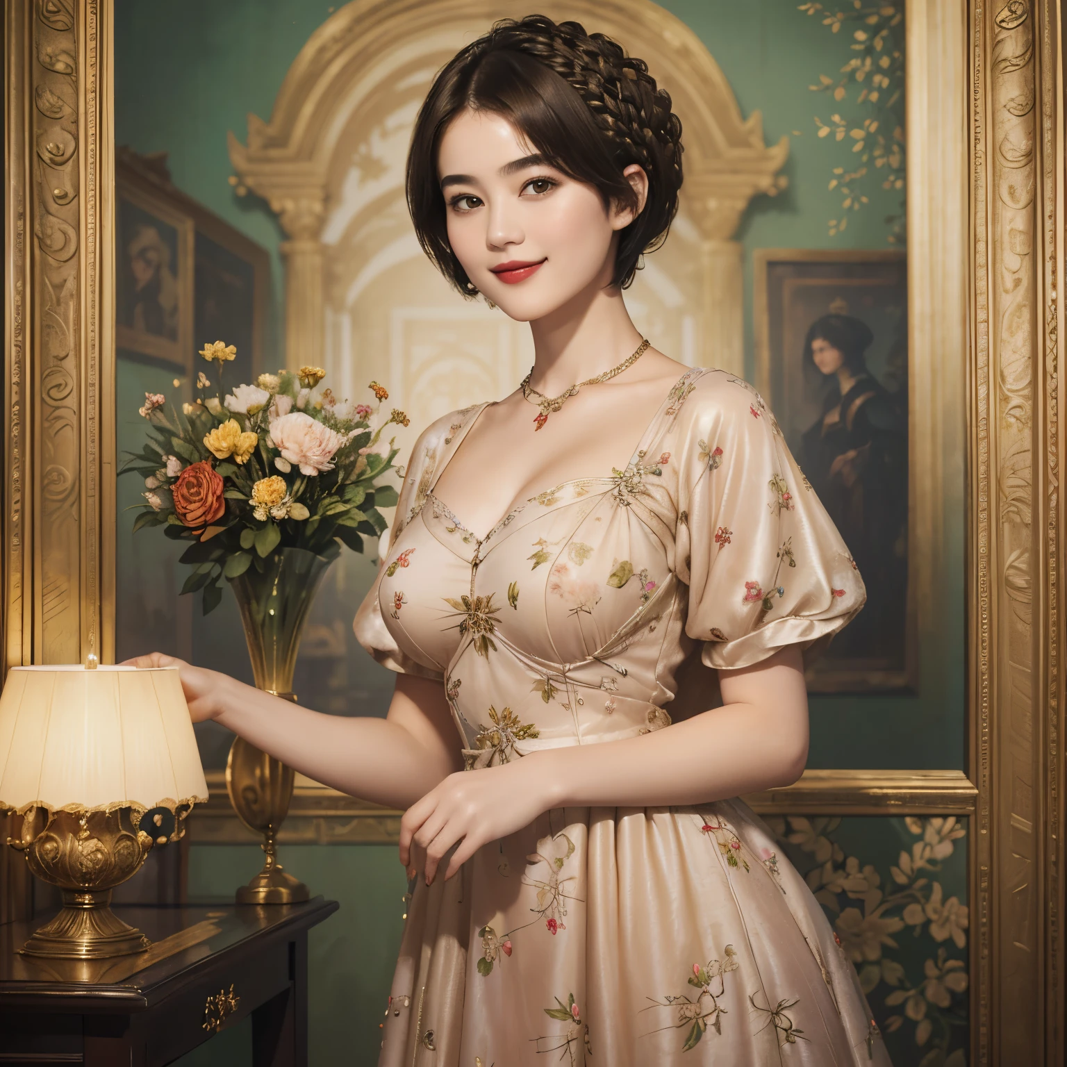 141
(a 20 yo woman,in the palace), (A hyper-realistic), (high-level image quality), ((beautiful hairstyle 46)), ((short-hair:1.46)), (kindly smile), (breasted:1.1), (lipsticks), (is wearing dress), (murky,wide,Luxurious room), (florals), (an oil painting、Rembrandt)