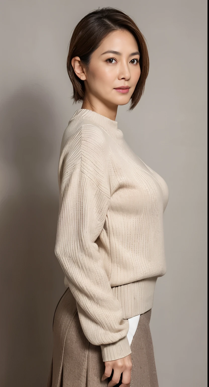 hight resolution, high-level image quality, high detailing, masterpiece, Textured skin, tre anatomically correct, sharp, greybackground((japanese mature, 45 yers old)), 独奏, ((Wrinkles on the face)), large breasts with good shape, Straight light brown hair that reaches to the shoulders, chubby figure (((Stand upright, facing the center of the screen.))), Close your mouth and look straight ahead with a serious face, Sweaters, skirt by the, ((a panoramic view)),