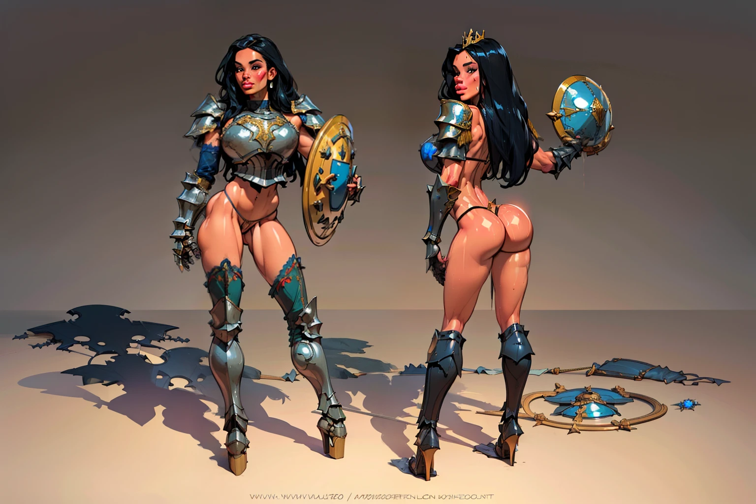 woman, ((long hair)),  blackblue hair, ((beautiful)), hair split in middle, adorned in medieval armor, twerking, metal muscles, emanating a medieval elegance and marvel, armor pump boots, ((breastplate)), chrome silver tiara, small armband, (shoulder armor), gauntlets, ((armored thong:1.5)), sword, shield, exposed midriff, (puffy lips:1.3), detailed eyes, ((slendered abs )),((sweaty), wide hips, (puffy lips:1.5), slender abs,rim lighting, side light, cinematic light, ultra high definition, 8k, film grain,best shadow, light particles, detailed skin texture, detailed gem armor texture, detailed face, intricate details, super detailed, bright, spiked heel boots