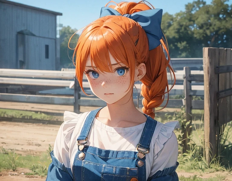 Tomboy girl, blue eyes, orange hair, small breasts, blue overalls, frilly low cut white undershirt, long braided ponytail, large white bow at base of ponytail, no bangs, bangs pulled back, freckles, large white bow in hair, inspired by Ann from Harvest Moon, gorgeous, too pretty, pulled toward giant magnet