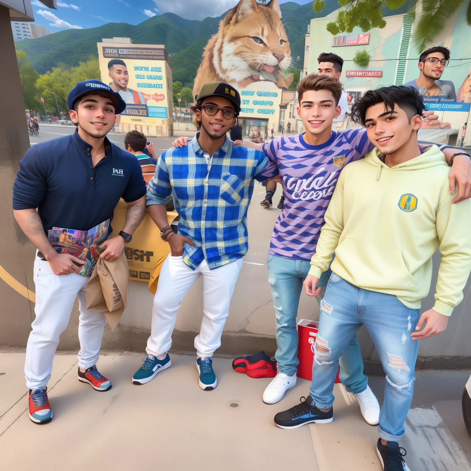 three men standing next to each other in front of a mural, candid picture, cute boys, in city street, edited, in group photograph, college students, gang, candid photo, candid, stylish pose, in modern era, candid shot, while smiling for a photograph, student, posing for a picture, proud looking, shot on nikon z9, with a cool pose