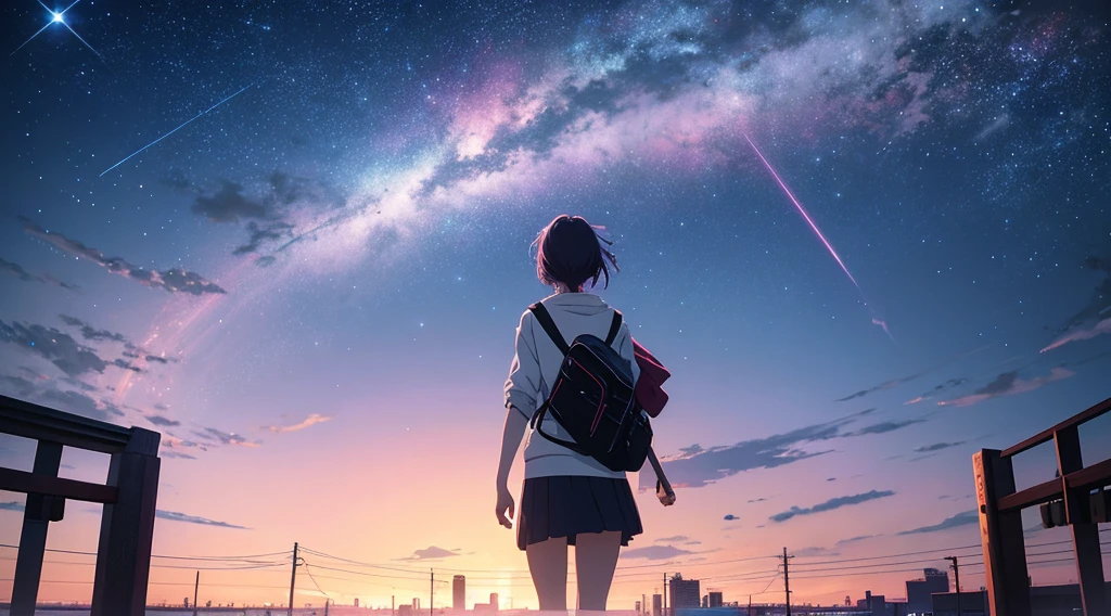 High resolution 8K, NSFW, Bright light illumination, Anime style, Film Portrait Photography, 1woman, Makoto Shinkai, Japanese anime style, pastel starlight, Tokyo city lights, 1girl, Ridiculous resolution, A high resolution, sunset sky, dramatic scene, (masterpiece:1.4), ultra - detailed, pink clouds, anime characters in a scene with a sky background, your name movie style, Stills in TV anime, Yourname,