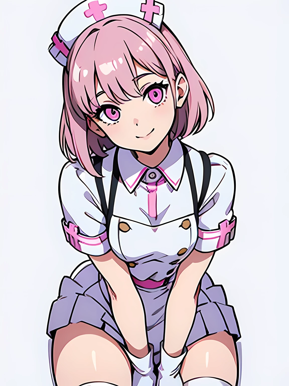 ((masutepiece, Best Quality, ultra-detailliert)), Flat color, Upper body, Face Close-up, From  above, short smile, Head tilt, Standing, Hands between legs, Nurse Costume, White Gloves, White knee socks, Solid pink background