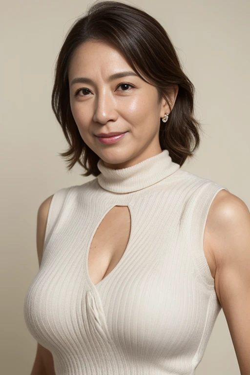 Best Quality, hight resolution, Hires, Skin definition, Detailed skin, Detailed eyes, Detailed face, 4K, 日本人A MILF, ((独奏)), (((50 years old))), (Wrinkles at the corners of the eyes:1.5), (nasolabial folds:1.5), A MILF, glamor, A sexy, Chromo-white skin, ((Wavy Longhair)), Looking at Viewer,(((Aging skin:1.5))), ((loose muscles:1.5)), (((A slender))), (((Very large breasts:1.28))), Cleavage:0.6, ((Saggy udder)), (Saggy buttocks), ((Japanese Models)), 4K, (photoRealistic:1.5), Realistic, nffsw, Beautiful, Bimbo, Perfect makeup, small diamond necklace, piercings, ((woolen turtleneck dress, Sleeveless dress)), ssmile, Public places,