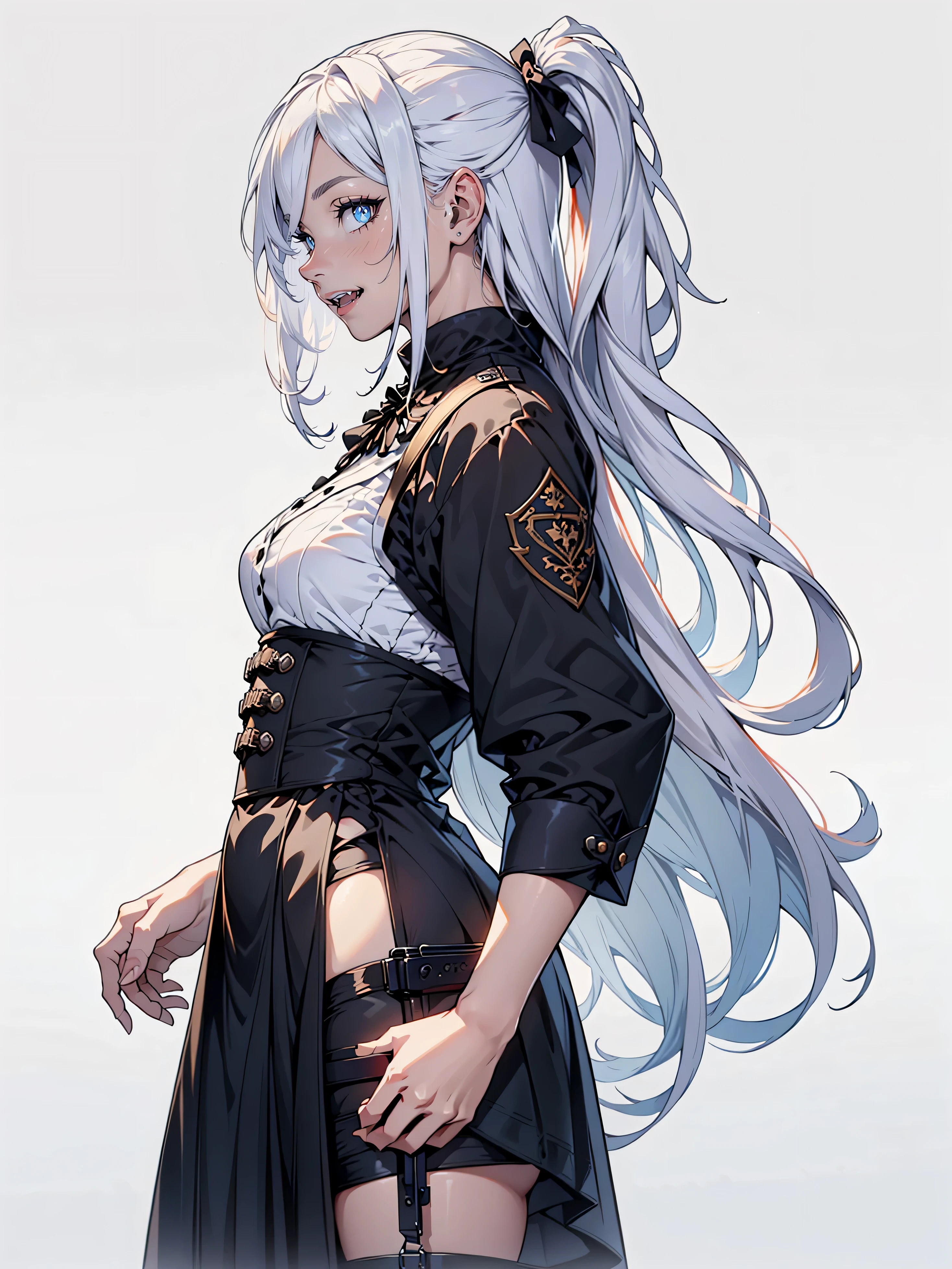 girl with、big eye、to stand,(((Portrait)),top-quality、​masterpiece、Hi-Res、(((girl with1人)))、masutepiece, quality of hike,White background、((de pele branca)), ((White long hair))),animesque,2D、((white  hair))、blue eyess,albino、Tight clothes、Sue hair,Side Up,((Gothic ****ta)),Hair Ribbon,long boots、Gun Holder、Cute eyes,Sparkling eyes,gun holster、(tusk:1.2)、Laugh、profile