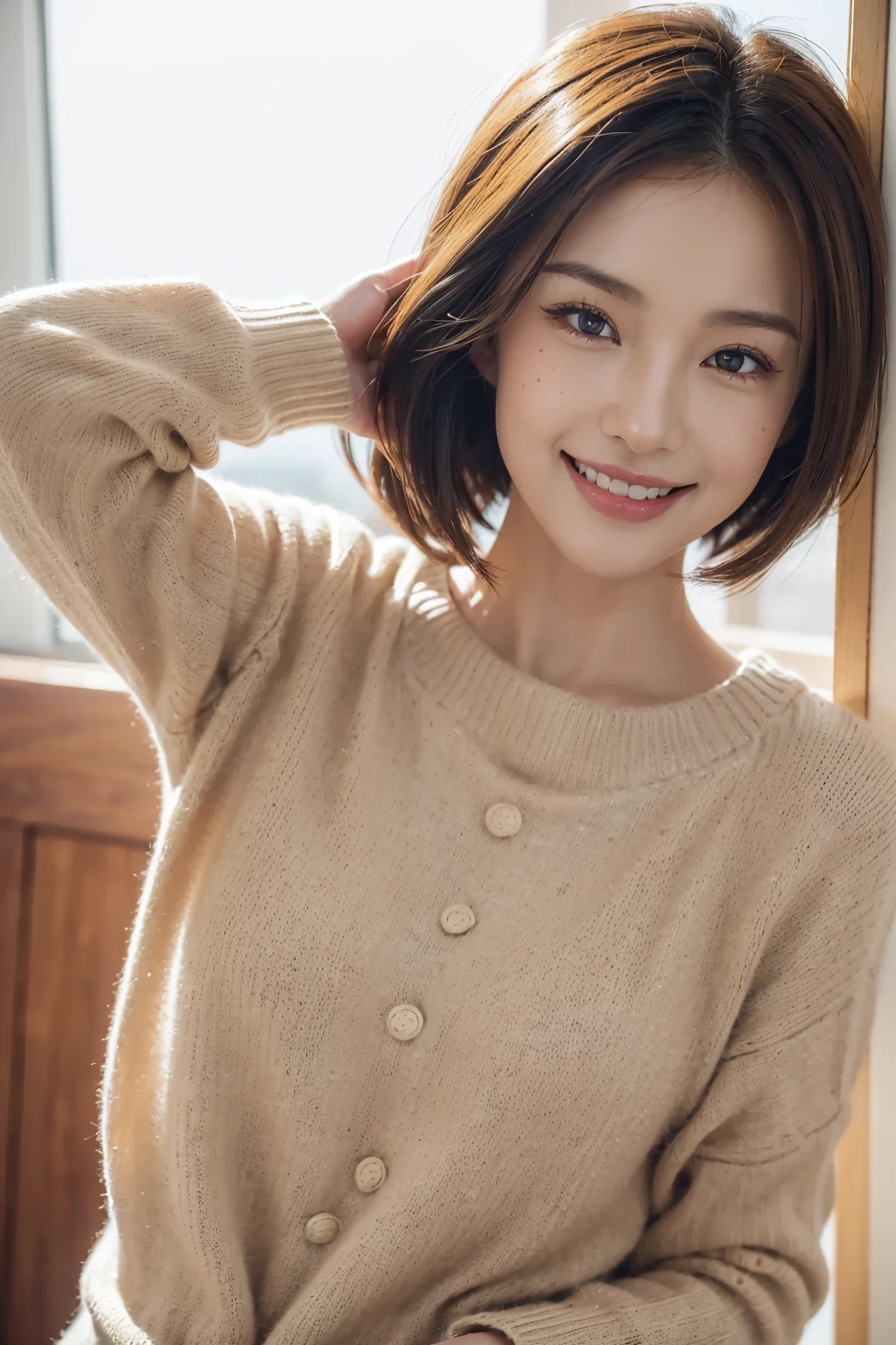 Best quality at best, 超k hd, (realisticlying:1.4),Sunset sun, 1 girl, 35yo ,(grin face), freckle ,(brunette color hair, short detailed hair: 1.ony tails, realisticlying的眼睛, (realisticlying的皮肤), (Sweaters), detailed photograph, sexy for, filmgrain, low-contrast, facing at the camera, close up (tmasterpiece: 1.3), (8K, realisticlying, Best quality at best: 1.4), hoang lap, Attractive, 超高分辨率, hyper realisitc, k hd, the golden ratio