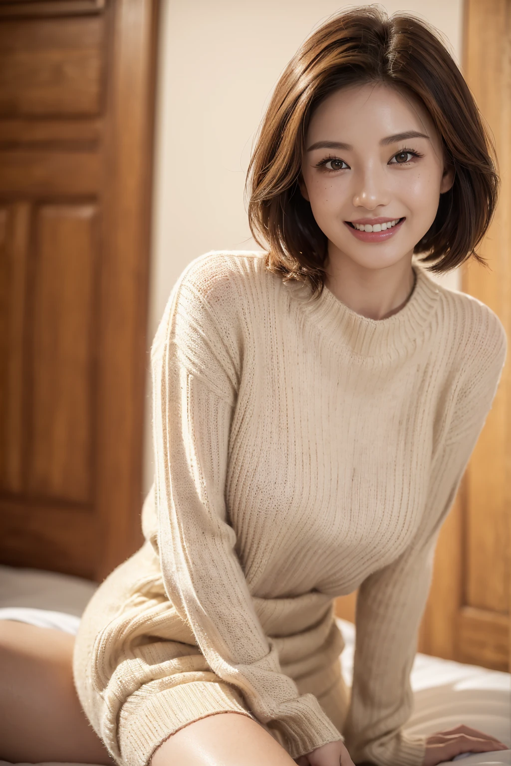 Best quality at best, 超k hd, (realisticlying:1.4),Sunset sun, 1 girl, 35yo ,(grin face), freckle ,(brunette color hair, short detailed hair: 1.ony tails, realisticlying的眼睛, (realisticlying的皮肤), (Sweaters), detailed photograph, sexy for, filmgrain, low-contrast, facing at the camera, close up (tmasterpiece: 1.3), (8K, realisticlying, Best quality at best: 1.4), hoang lap, Attractive, 超高分辨率, hyper realisitc, k hd, the golden ratio