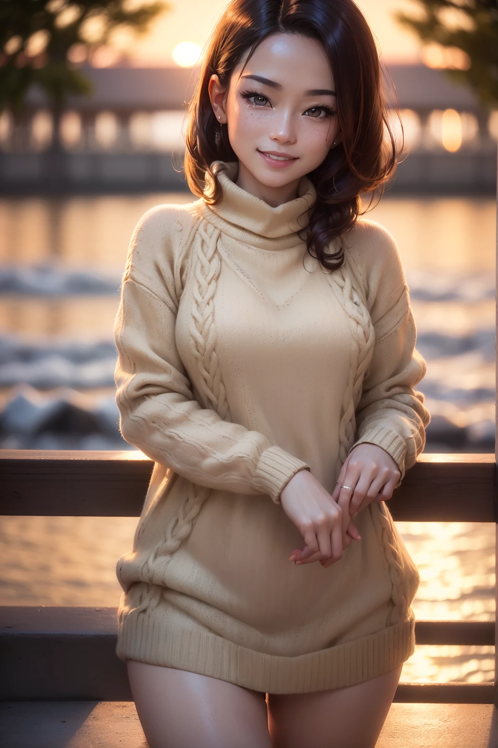 Best quality at best, 超k hd, (realisticlying:1.4),Sunset sun, 1 girl, 35yo ,(grin face), freckle ,(brunette color hair, short detailed hair: 1.ony tails, realisticlying的眼睛, (realisticlying的皮肤), (Sweaters), detailed photograph, sexy for, filmgrain, low-contrast, facing at the camera, close up (tmasterpiece: 1.3), (8K, realisticlying, Best quality at best: 1.4), hoang lap, Attractive, 超高分辨率, hyper realisitc, k hd, the golden ratio