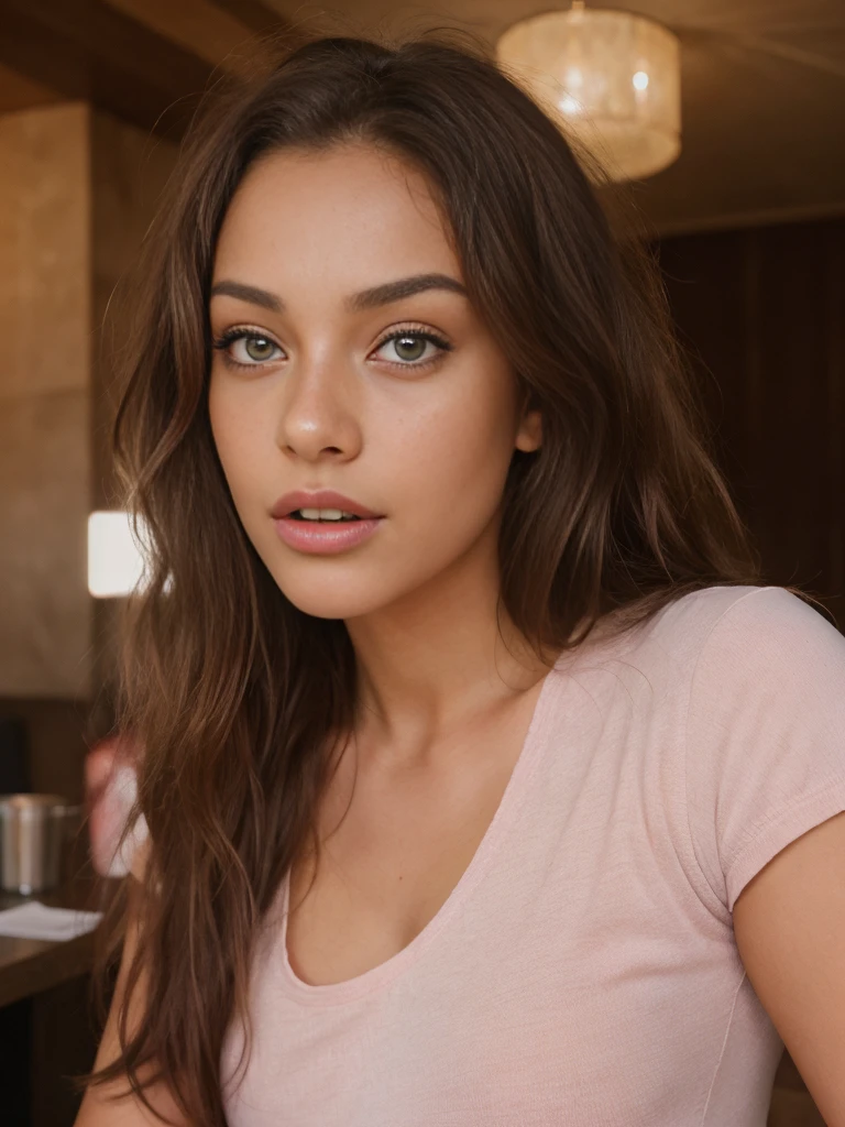 1 girl looking directly to camera, fun, in distance, very pretty, 23 years old, tanned, long curly hair, pink hair, dark brown eyes, fluffy eyebrows, lips, realistic, far away, hyper realistic, detailed skin, realistic eyes, best quality, masterpiece, ultra high res, (photorealistic:1.3), 8K, raw photo, 1girl, natural skin texture, wearing top in bar, natural skin texture, dynamic pose, t-shirt, selfie, kissing pose, open mouth, showing tongue, light freckles, big butt, curvy model, curvy body,