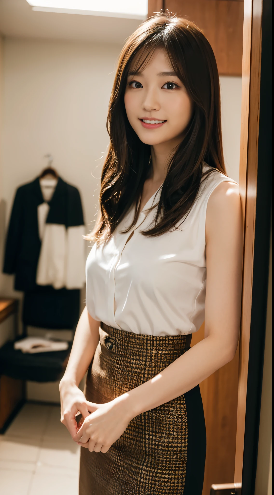 ultra best quality、in 8K、masuter piece、Professionally taken photos,masterpiece,Japan at 25 years old ,The best smile,Looking away,Flashy makeup with red eyeshadow,Officelady,Medium chest,Slender body,Black Office Lady Suit(skirt type)、vertically curled brown hair、eye glass、Change clothes in the changing room、
