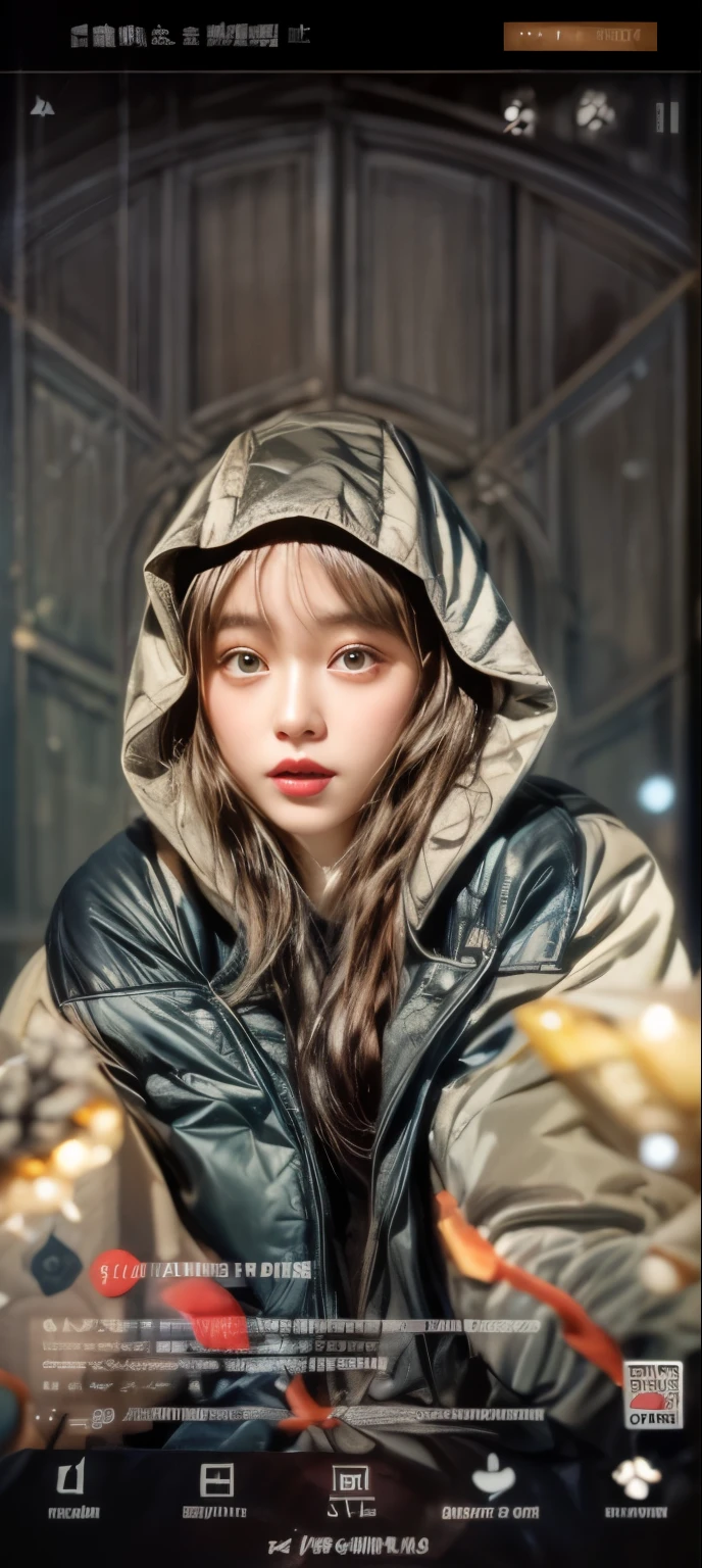 masterpiece、8K、32K、top-quality、(A detailed eye)、(A cute Japanese woman、bangss)、23years old、elegent、Christmas、Wearing a hood、Down jacket、Cheerful、heart