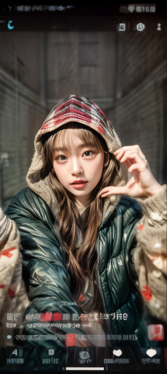 masterpiece、8K、32K、top-quality、(A detailed eye)、(A cute Japanese woman、bangss)、23years old、elegent、Christmas、Wearing a hood、Down jacket、Cheerful、heart