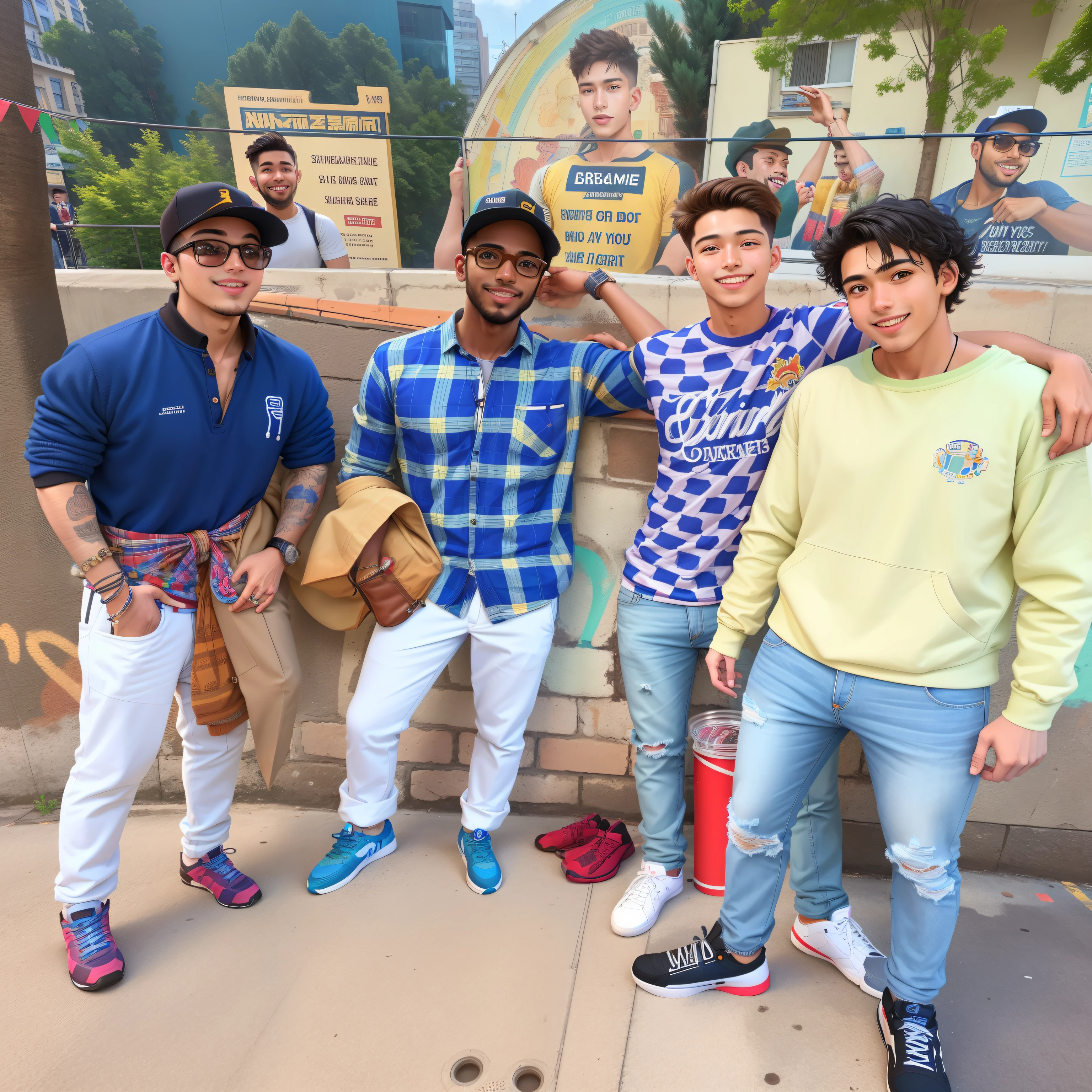 three men standing next to each other in front of a mural, candid picture, cute boys, in city street, edited, in group photograph, college students, gang, candid photo, candid, stylish pose, in modern era, candid shot, while smiling for a photograph, student, posing for a picture, proud looking, shot on nikon z9, with a cool pose
