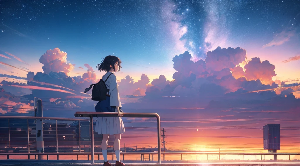 High resolution 8K, NSFW, Bright light illumination, Anime style, Film Portrait Photography, 1girl, Makoto Shinkai, Japanese anime style, pastel starlight, Tokyo city lights, 1girl, Ridiculous resolution, A high resolution, sunset sky, dramatic scene, (masterpiece:1.4), ultra - detailed, pink clouds, anime characters in a scene with a sky background, your name movie style, Stills in TV anime, Yourname,