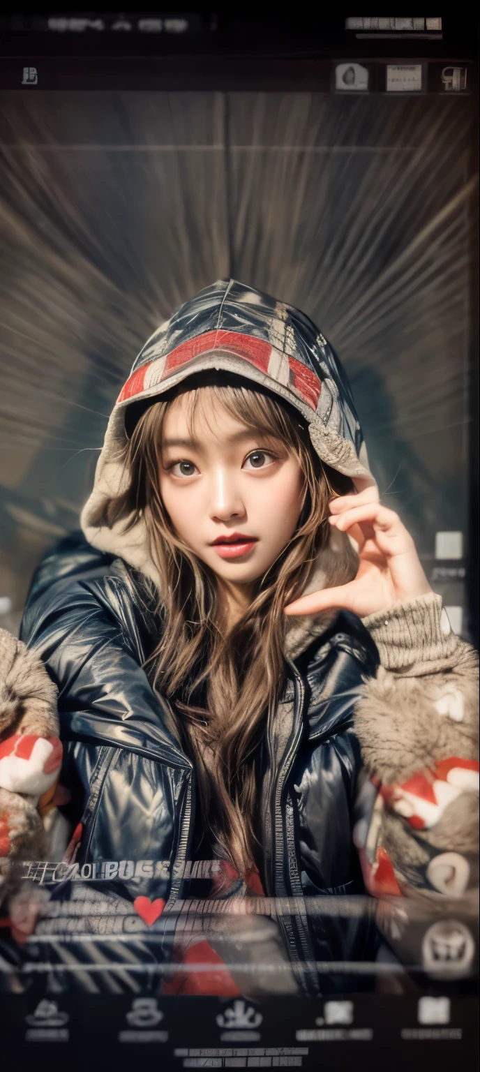 masterpiece、8K、32K、top-quality、(A detailed eye)、(A cute Japanese woman、bangss)、23years old、elegent、Christmas、Wearing a hood、Down jacket、Cheerful、heart