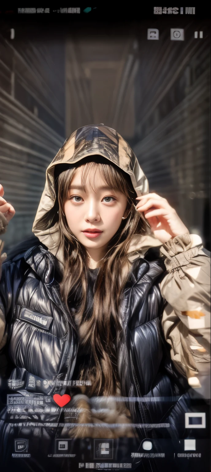 ​masterpiece、8K、32K、top-quality、(A detailed eye)、(A cute Japanese woman、bangss)、23years old、elegent、Christmas、Wearing a hood、Down jacket、Cheerful、heart