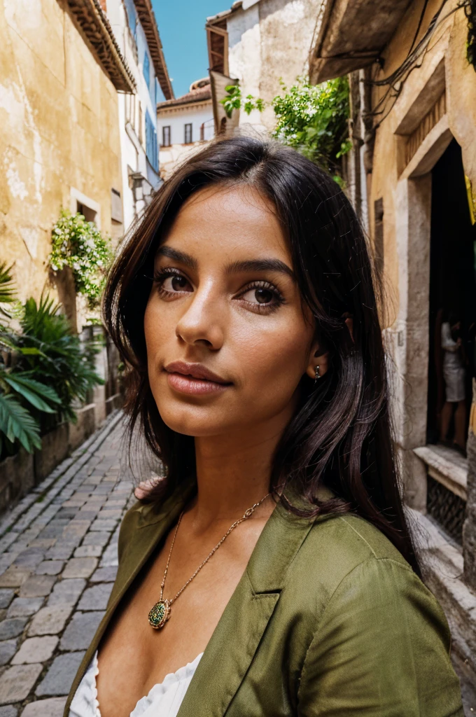beautiful,portuguese women,(best quality,4k,8k,highres,masterpiece:1.2),ultra-detailed,realistic,photorealistic:1.37,(vibrant colors,rich colors),(warm lighting,soft lighting),long wavy black hair,(dark brown eyes,piercing dark brown eyes),(olive skin,smooth olive skin),(elegant posture,sophisticated posture),traditional portuguese attire,(ornate jewelry,exquisite jewelry),standing on a cobblestone street,near a vibrant local marketplace,with colorful fruits and flowers,(narrow alleyways,quaint alleyways),in the background,a beautiful old Portuguese building,covered in intricate tiles and vibrant azulejos,immersedin natural beauty,lush greenery,and blooming flowers,evoke a sense of warmth and joy,showcasing the charm and allure of Portuguese women.