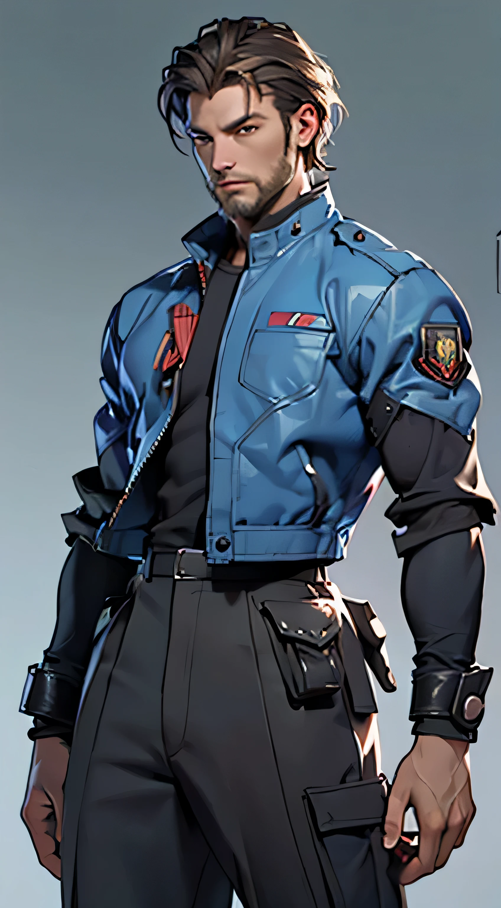 11:23(((Best quality: 1.4))),(Unbeatable masterpiece), (hyper HD),(Hyper-realistic 8k CG)、（dark colored hair） ((( body))), (((1男性))), 40-year-old American soldier with perfect body,,Beautiful and well groomed face,muscular body:1.2,Solid royal blue jacket with details, (Pictures from head to thighearded，Complex equipment, Grace，long trousers，The clothes inside are dark，Clothes with armored metal electronic parts, Poison tattoos )