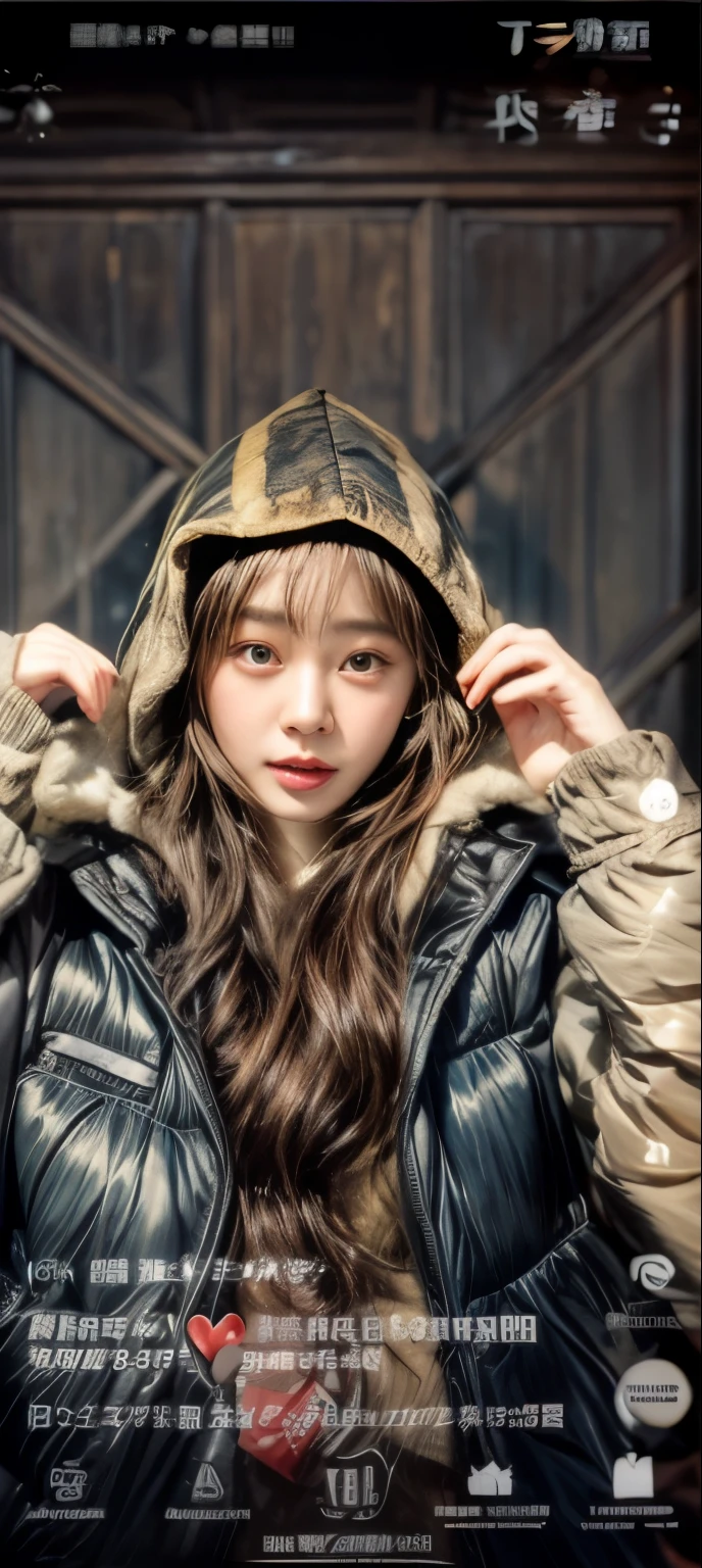 masterpiece、8K、32K、top-quality、(A detailed eye)、(A cute Japanese woman、bangss)、23years old、elegent、Christmas、Wearing a hood、Down jacket、Cheerful、heart