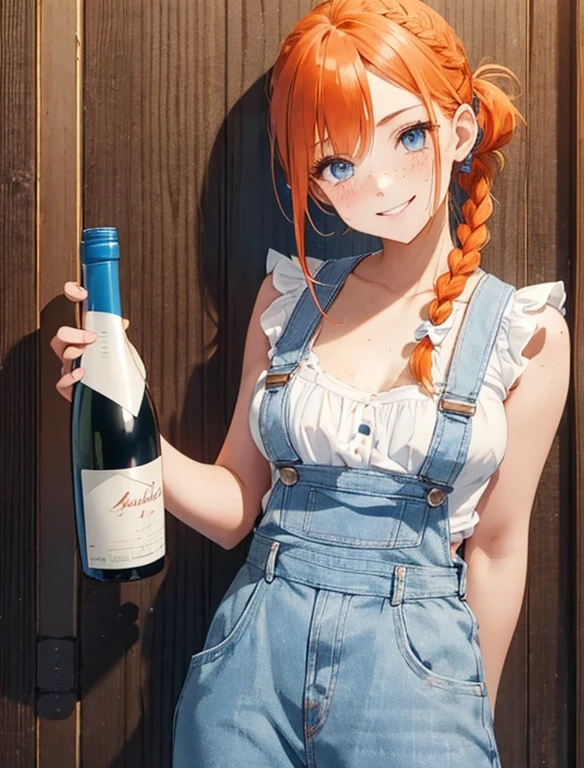 Tomboy girl, blue eyes, orange hair, small breasts, blue overalls, frilly low cut white undershirt, long braided ponytail, large white bow at base of ponytail, no bangs, bangs pulled back, freckles, large white bow in hair, inspired by Ann from Harvest Moon, gorgeous, too pretty, smiling, holding unmarked bottle of wine