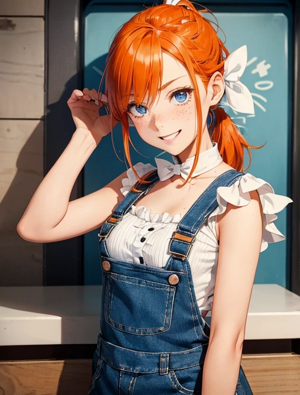Tomboy girl, blue eyes, orange hair, small breasts, blue overalls, frilly low cut white undershirt, long braided ponytail, large white bow at base of ponytail, no bangs, bangs pulled back, freckles, large white bow in hair, inspired by Ann from Harvest Moon, gorgeous, too pretty, smiling, holding unmarked bottle of wine