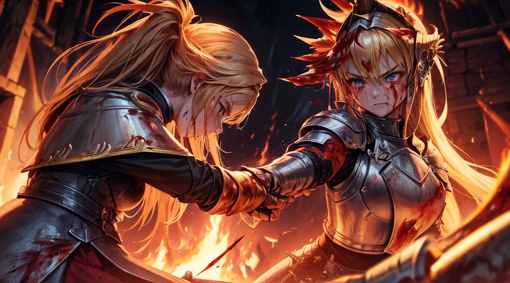 masterpiece,best quality,ultra detailed,1Female Knight,upper body shot,look at viewer,The fire sword,blonde hair,long hair,blue eye,straight hair,(ThunderStorm:1,5),darksouls,(fire:1.4),(Rainy:0.8),((blood dripping from mouth:1.0)),(((profuse bleeding:1.5))),(horde of monsters)