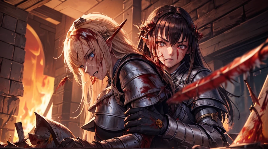 masterpiece,best quality,ultra detailed,1Female Knight,upper body shot,look at viewer,The fire sword,blonde hair,long hair,blue eye,straight hair,(ThunderStorm:1,5),darksouls,(fire:1.4),(Rainy:0.8),((blood dripping from mouth:1.0)),(((profuse bleeding:1.5))),(horde of monsters)