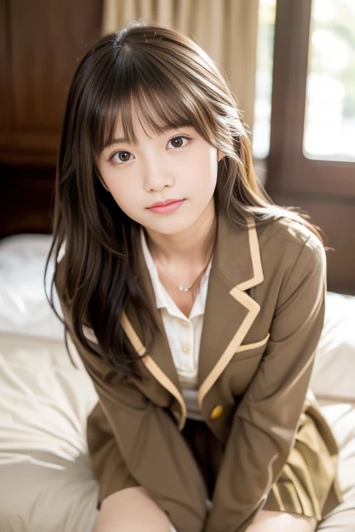 (((​masterpiece))),  (One beautiful Japan girl, classmates, Innocence，kawaii) ，超A high resolution, Realistic, ultra-detailliert, 8K,top-quality, Extremely detailed, Detailed background,A slender,very beautiful japanese girl, Detailed face:1.3), (Cute hairstyle，A dark-haired :1.4), (a ，kawaii系,adorable 14 year oPerfect body:1.1),  (Brown blazer, Light brown pleated mini skirt), waiting to be kissed，Eyes closed，Super Detailed Face、Detailed lips、A detailed eye、small gravure idol，Transparent skin、Lori，Japanese high school uniform with the school emblem on the chest，high-definition RAW color photography, professional photograpy, Extremely detailed,, amazing, finely detail, Huge file size, extremely detailed fingers, highly detailed nose, highly detail mouth,  (bed), ((Full body shot)), (sleeping face down on a big bed),Focus on the buttocks，Perfect Anatomy, Photorealsitic, 8k full-length portraits, Photography, Perfect Skin, Warm air，Expectations and anxieties，beautiful thigh，Gorgeous hotel rooms，You can see a small light stand