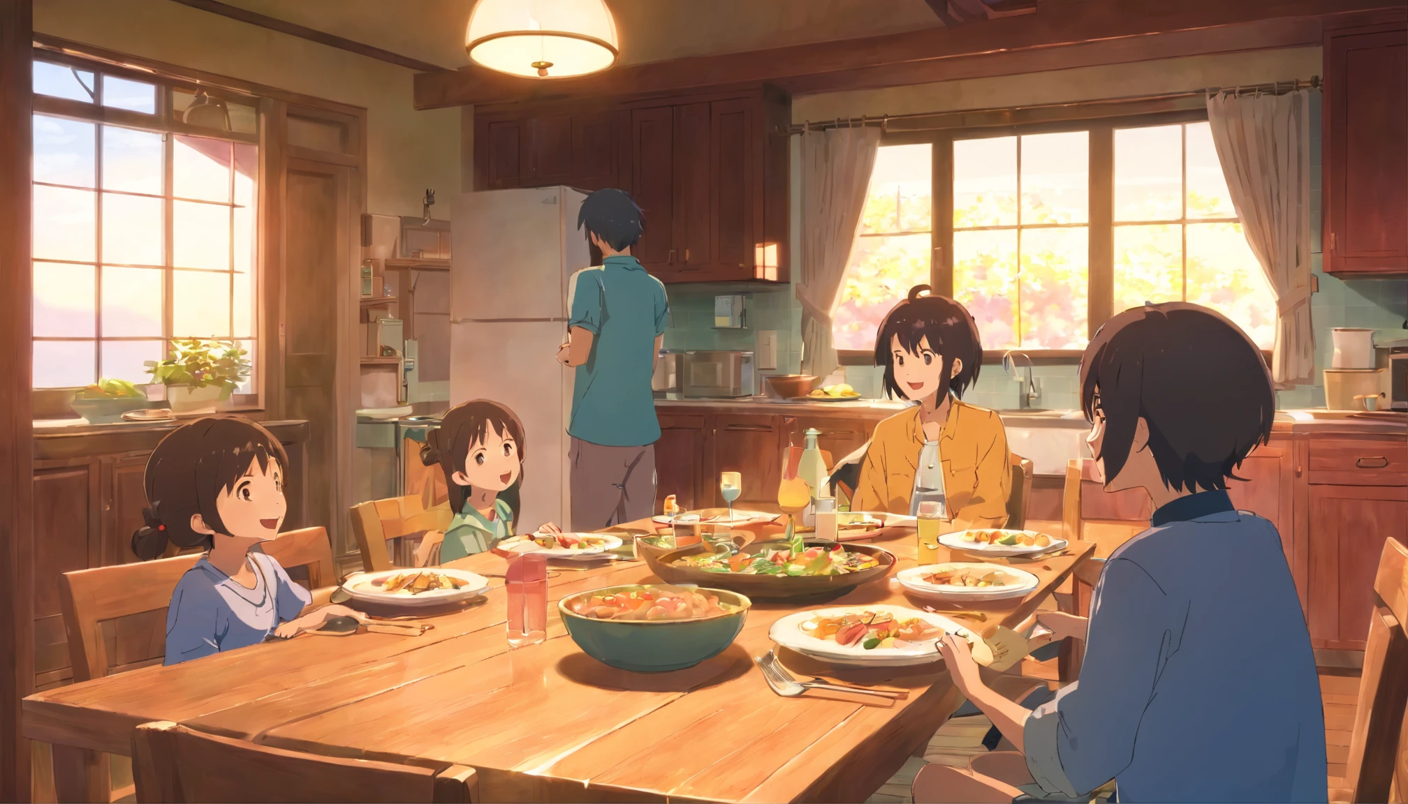 Family and children talking and laughing at the dinner table,Behind is the kitchen,window