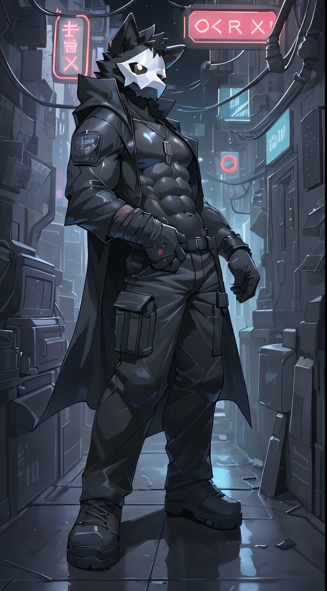 adult content, low-key light, cyberpunk, extremely_detailed, drawing of a puro (changed), (extremely detailed:1.uro, mask, puro_(changed)), black_cargo pants, bara, black_body, very long legs, long arms, very tall, muscular_body, 6 pack abs, male nipples, exposed_chest, tactical_gloves, black_cloak, black_fedora, large chest, exposed upper body, shirtless, dogtags, bandages, seductive_pose, hands_inside_pocket, serious_face, wide_open_legs, dark and gloomy atmosphere, dramatic light, camera angled lower, time, neon lights, alleyway, neon lights, midjourney, C7b3rp0nkStyle, VPL, Male focus, yofukashi background., Best quality, masterpiece