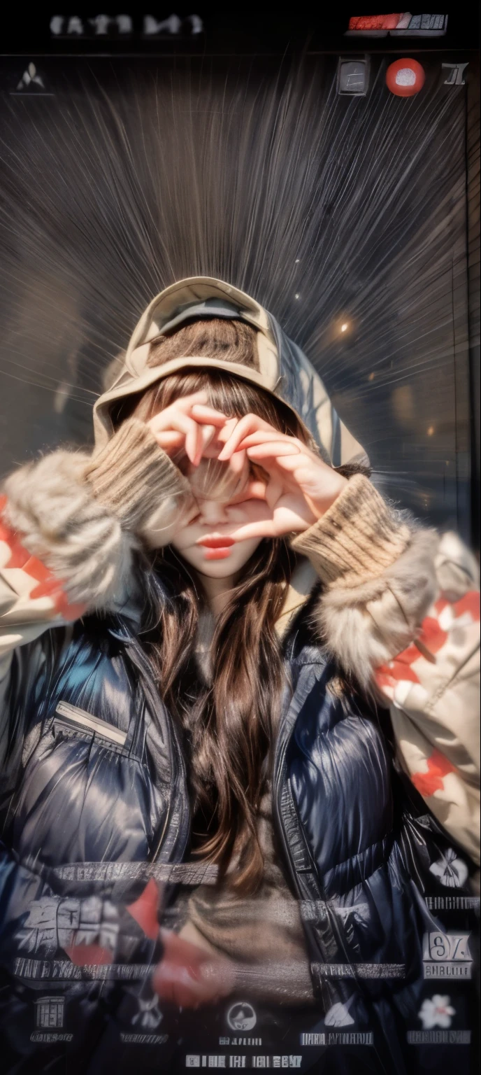 masterpiece、8K、32K、top-quality、(A detailed eye)、(A cute Japanese woman、bangss)、23years old、elegent、Christmas、Wearing a hood、Down jacket、Cheerful、heart