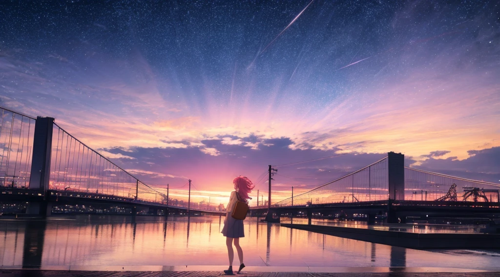 High resolution 8K, NSFW, Bright light illumination, Anime style, Film Portrait Photography, 1girl, Makoto Shinkai, Japanese anime style, pastel starlight, Tokyo city lights, 1girl, Ridiculous resolution, A high resolution, sunset sky, dramatic scene, (masterpiece:1.4), ultra - detailed, pink clouds, anime characters in a scene with a sky background, your name movie style, Stills in TV anime, Yourname,