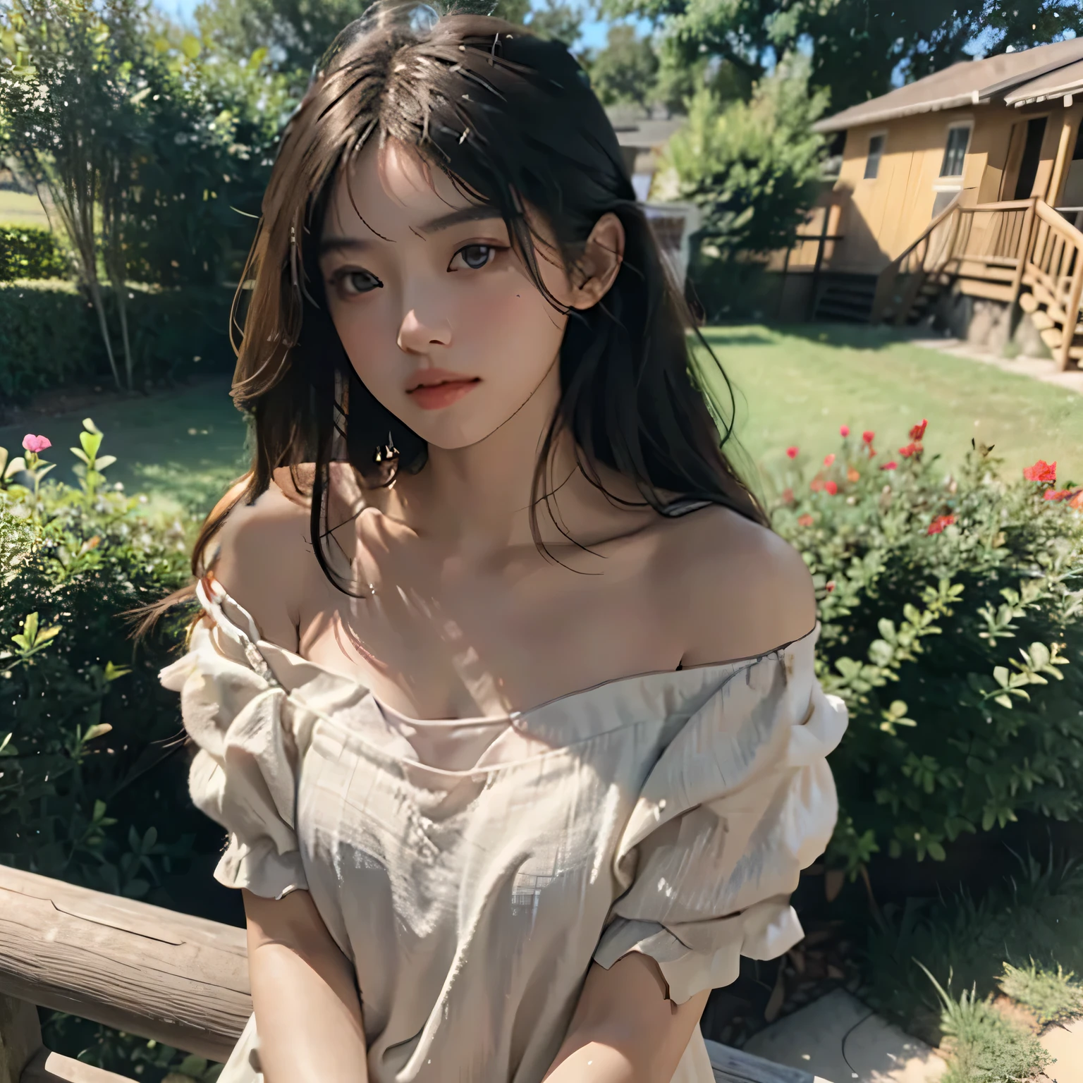 电影灯光, Film portrait photography, 1 girl, bshoulders, wavy shoulder-length hair, Calm, peaceful, (Realistic and detailed eyes, Natural skin texture, Realistic facial details), Soft dramatic lighting, Depth of field of view, vibrant detail, detailed, hyper realisitc, 35mm film, hazy and blurry,zona rural,ssmile,Mess up your hair