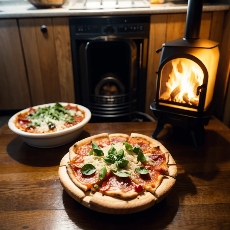 Illustration for PIZZA recipe. tomatoes, cheese, Olives, Shrimps, basil. wooden plank. Background Stove with burning wood. Studio photo style.